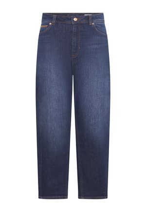 Dunkelblaue, hoch taillierte Jeans mit geradem Bein, vorne mit Knöpfen, Reißverschluss und fünf Taschen, mit kontrastierender Naht und einem ledernen Markenpatch.