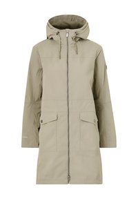 Lichtbeige waterdichte jas met capuchon, vooraan met rits, twee grote zakken en een relaxte pasvorm. Gladde stof met minimale details.