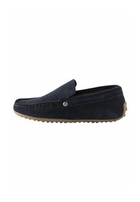 Marineblaue Wildleder Slipper mit abgerundetem Zehenbereich, dekorativen Nähten und einer Gummisohle mit erhöhten Texturen für besseren Halt. Mit seitlichem elastischen Einsatz.