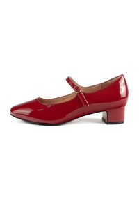 Red patent leather Mary Jane shoe with a rounded toe, low block heel, and adjustable strap with a small buckle detail.