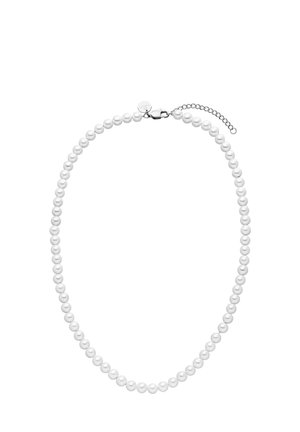 Perlenkette aus weißen Perlen mit gleichmäßig großen Perlen, einem Silberverschluss und einer verstellbaren Kette für Längenvariationen. Glatte Textur, klassisches Design.