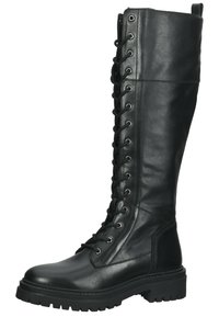 Bottes noires montantes jusqu'au genou en cuir avec lacets, dotées d'une semelle robuste, d'un bout arrondi et d'œillets en métal sur le devant.