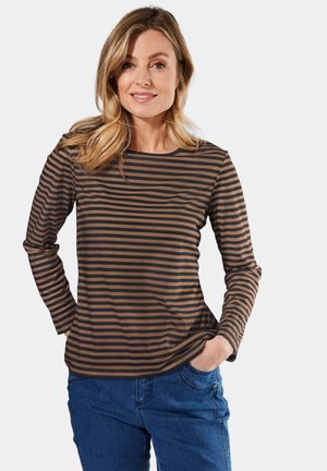 Gestreept T-shirt met lange mouwen in bruin en zwart, met een ronde hals en een relaxte pasvorm. Gemaakt van lichte, zachte stof met een subtiele textuur.