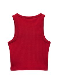 Punainen ribbattu lyhyt toppi, joka on pyöreäkauluksinen ja ilman hihoja. Siinä on teksturoitu kangas ja siisti helma.