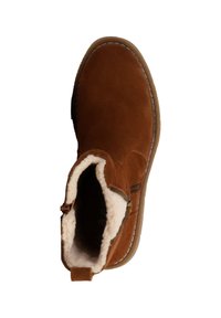 Stivale alla caviglia in suede marrone con foderatura in pelliccia sintetica, zip laterale e suola in gomma beige. Presenta cuciture bianche lungo il bordo.