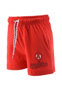 Red cotton shorts with an elastic waistband, featuring a decorative white drawstring and a black graphic print of "The Avengers" logo.