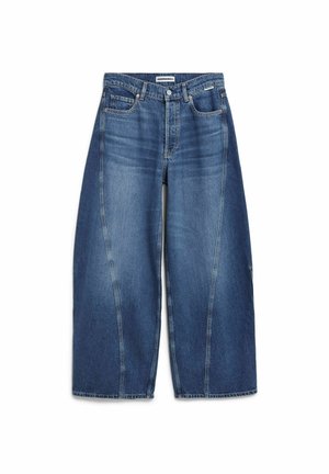 Blaue Denim-Weitbein-Jeans mit hoher Taille, mit Knopfverschluss, Fünf-Taschen-Design und kontrastierenden Nahtdetails.