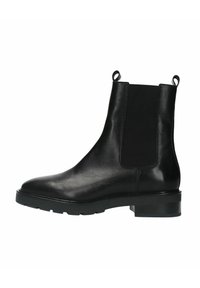 Zwarte lederen Chelsea-boot met elastische zijkant, afgeronde neus, hieltab voor gemakkelijk aan- en uittrekken, en gestructureerde rubberen zool. Glad afwerking.