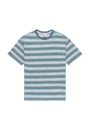 Short-sleeve t-shirt with a crew neck, featuring alternating blue and white horizontal stripes, incorporating leaf and geometric patterns.