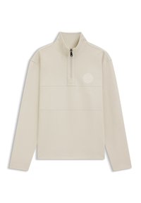 Jasnobeżowa bluza na zamek z wysokim kołnierzem, długimi rękawami i teksturowaną tkaniną z okrągłym logo na piersi.