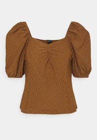 Brun puffärmströja i ögla tyg. Fyrkantig halsringning med draperad frampanel och diamantmönster överallt. Mjuk textur.