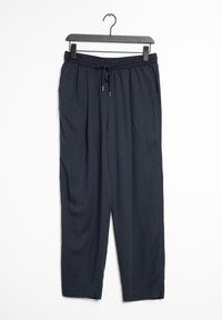 Marineblaue, leichte, lässig geschnittene Hose mit elastischem Taillenbund, Kordelzugverschluss und Seitentaschen. Glatte Textur, gerade Beinform.