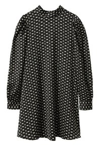 Robe noire à manches longues avec un col haut présentant un motif géométrique répétitif d'étoiles et de croix beige clair.