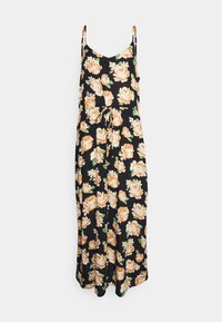 Černé květinové maxi šaty s oranžovými růžemi. Mají tenké ramínka, výstřih do V a pásky v pase. Jsou vyrobeny z lehkého materiálu s volným střihem.