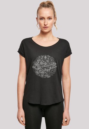 Black crew neck t-shirt with rolled sleeves featuring a detailed white graphic design centered on the front. Soft fabric with a relaxed fit.