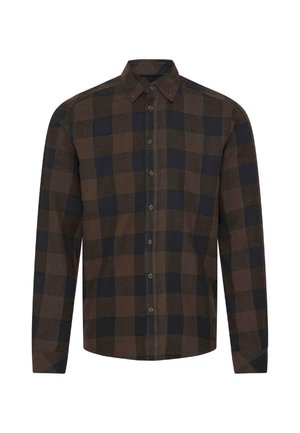 Braun und marineblaues kariertes Hemd mit langen Ärmeln, Button-Down-Kragen, weicher Textur und Knopfleiste. Es weist abwechselnd große Quadrate auf.
