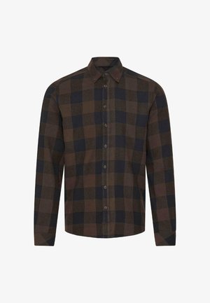 Chemise à carreaux marron et bleu marine avec manches longues, col classique, texture douce et fermeture à boutons. Présente des grands carrés alternés.