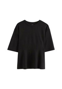 Top nero a maniche corte realizzato in tessuto morbido, con scollatura arrotondata e sottili pieghe frontali per la struttura. Design semplice e classico.