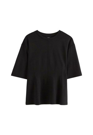 Černý top s krátkými rukávy z měkké látky, s kulatým výstřihem a jemnými předními sklady pro strukturu. Jednoduchý, klasický design.