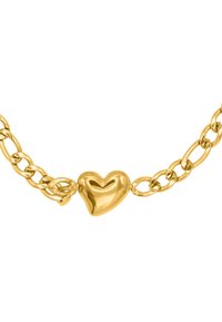 Bracciale in oro con maglie ovali collegate e un charm a forma di cuore lucido al centro, che presenta una superficie liscia e una finitura brillante.