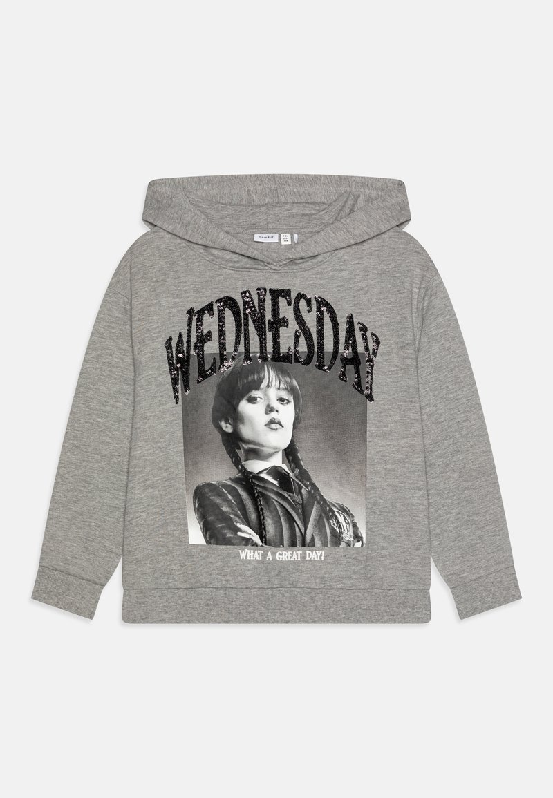 Gray hoodie featuring a printed graphic of a character with braids, embellished text "WEDNESDAY" and "WHAT A GREAT DAY!" in black and white.