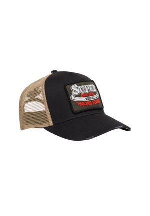 Black baseball cap with a beige mesh back. Features a rectangular patch with "Super Dry" and "Racing Team" embroidered in red and white.