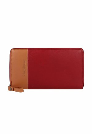 Rectangular wallet, red textured leather with a tan smooth leather panel. Features a zip closure and a wrist strap. Elegant stitching detail.