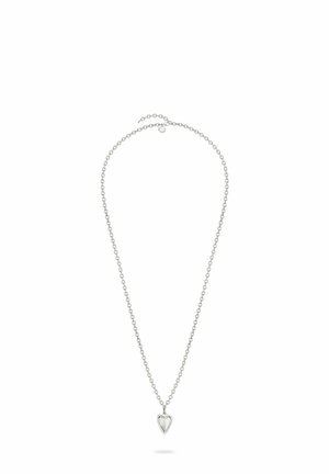 Silver chain necklace with a small hollow heart-shaped pendant hanging at the center on a white background.
