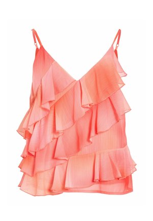 Koraļkrāsas bezroku tops ar kārtainām volānām un regulējamām plānām plecu lencītēm.
