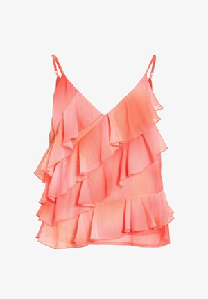 Korallszínű ujjatlan felső réteges fodrokkal és állítható vékony vállpántokkal.