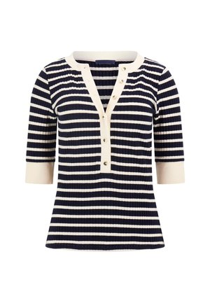 Navy and cream striped ribbed knit top with three-quarter sleeves and a buttoned henley neckline. Features gold-colored button details.