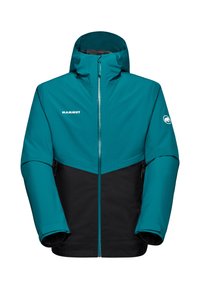 Teal og sort vandtæt jakke med hætte, frontlynlås og logo. Har et farveblokkeret design og tætsiddende manchetter for varme.