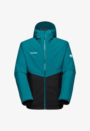 Veste imperméable teal et noire avec capuche, fermeture éclair avant et logo. Dispose d'un design en blocs de couleurs et de poignets ajustés pour la chaleur.