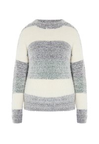 Sweter z dzianiny w pastelowe paski w odcieniach szarości, bieli i miętowej zieleni. Teksturowana tkanina, z długimi rękawami i ribbowanym dekoltem oraz mankietami.