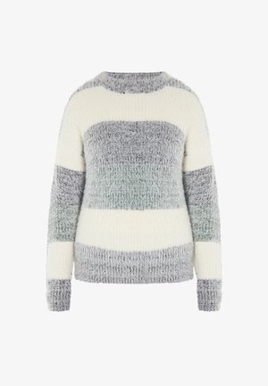 Sweter z dzianiny w pastelowe paski w odcieniach szarości, bieli i miętowej zieleni. Teksturowana tkanina, z długimi rękawami i ribbowanym dekoltem oraz mankietami.