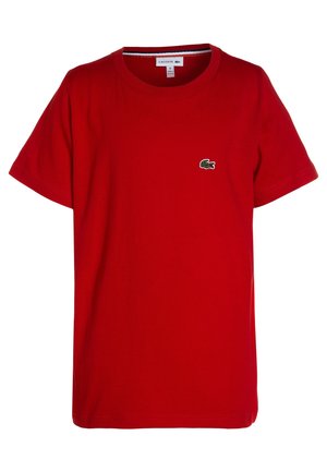 Rød kortærmet bomuld T-shirt med rund hals og lille grønt krokodillelogo på venstre bryst, størrelse 8.
