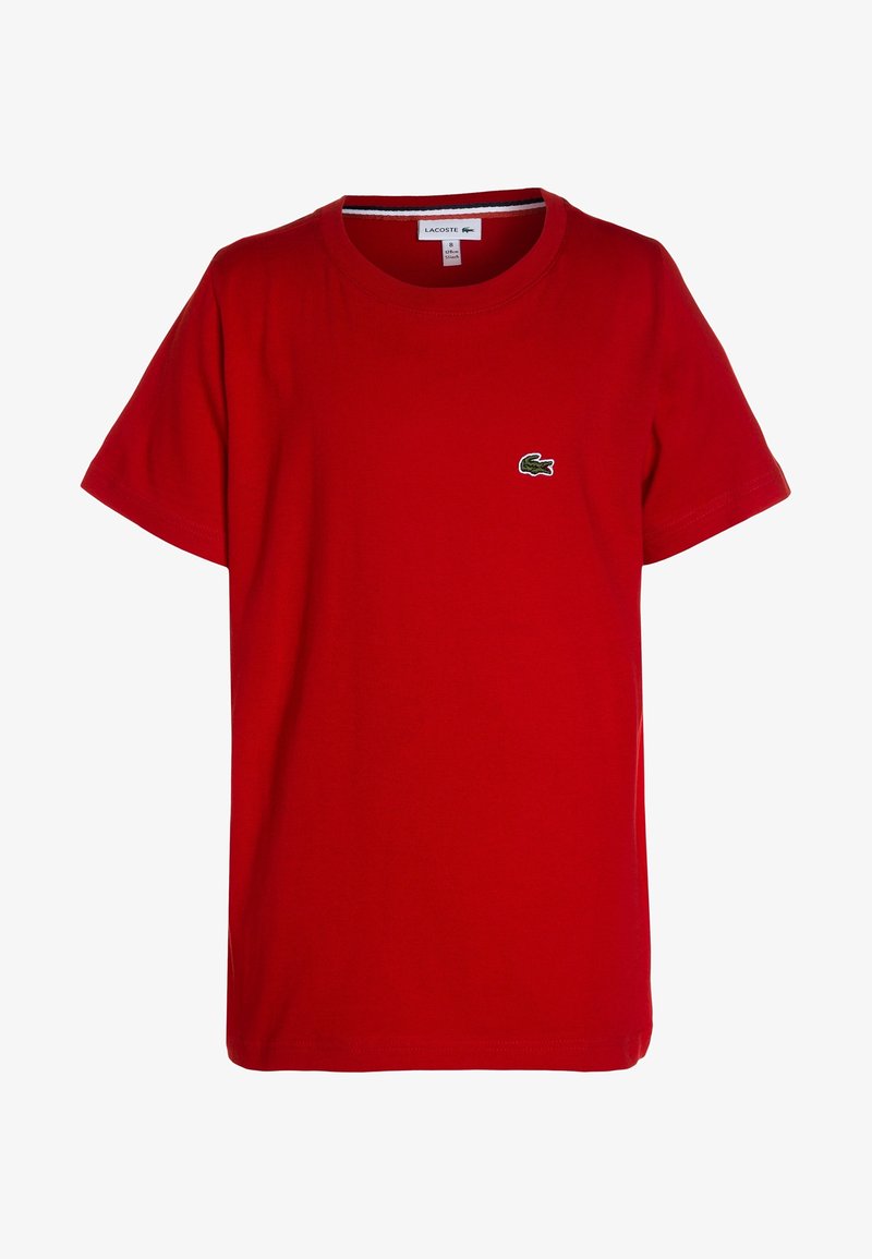 T-shirt rouge en coton à manches courtes avec col rond et petit logo crocodile vert sur le côté gauche de la poitrine, taille 8.