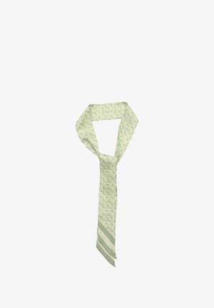 Foulard en soie vert clair présentant un motif circulaire répété, avec un accent diagonal à rayures unies à une extrémité.