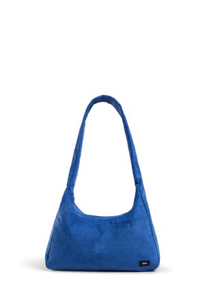 Bolso de hombro azul de pana con una correa larga y una pequeña etiqueta con el logo de Vans en la esquina inferior derecha.