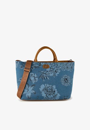 Borsa a tracolla con motivo floreale blu, manici in pelle color cuoio e tracolla regolabile, con una piccola fibbia metallica sul davanti.