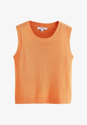 Haut sans manches orange vif avec un col rond et des bords côtelés. L'étiquette indique "NEXT." Convient pour un usage décontracté ou estival.