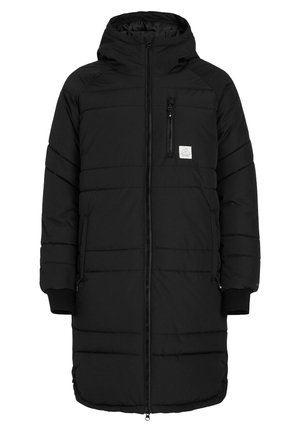 Doudoune noire avec capuche, dotée d'une fermeture éclair à l'avant, d'un motif matelassé horizontal et d'une poche poitrine zippée.