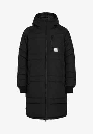 Cappotto imbottito nero con cappuccio, dotato di una zip frontale, motivo trapuntato orizzontale e una tasca sul petto con zip.