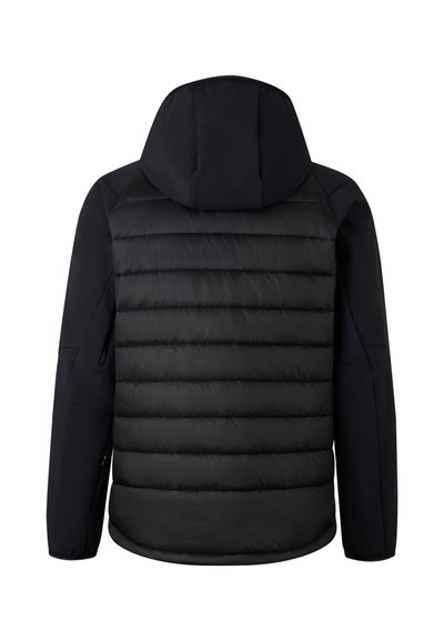 Sort pufferjakke med hætte, der har vandrette quiltede paneler, glatte ærmer og sidelommer med lynlås. Ren, moderne design.