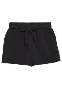 Shorts noirs en texture douce, avec une large taille élastique, une ceinture à nouer sur le devant et deux poches latérales. Longueur courte avec un design plissé.