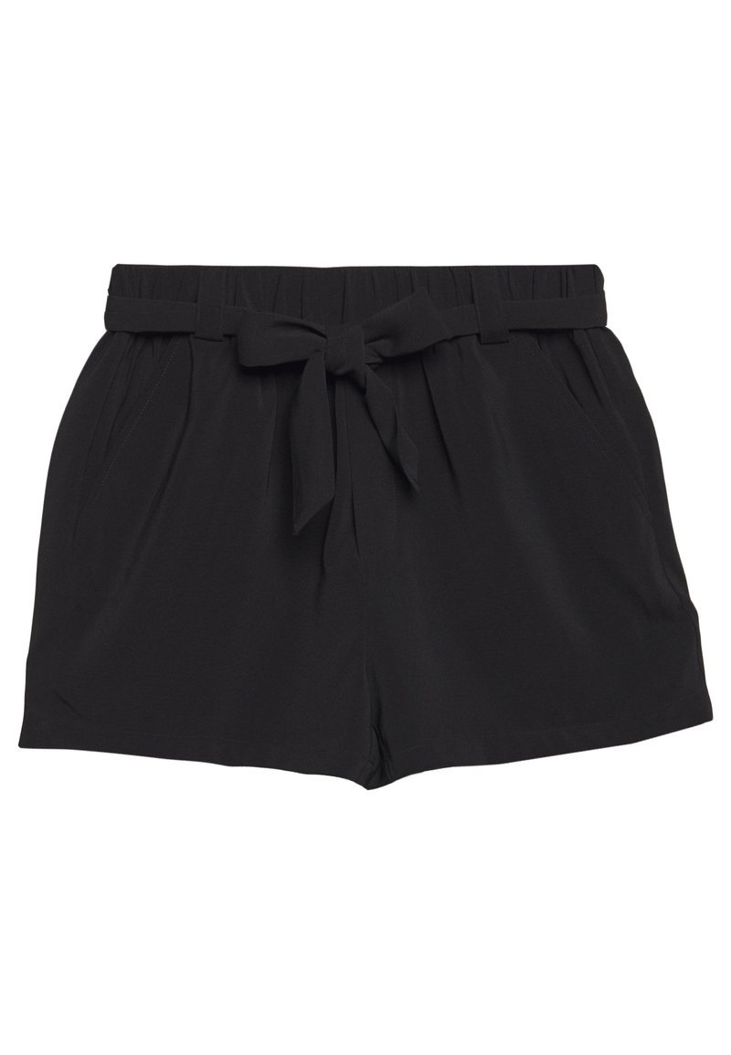 Shorts noirs en texture douce, avec une large taille élastique, une ceinture à nouer sur le devant et deux poches latérales. Longueur courte avec un design plissé.
