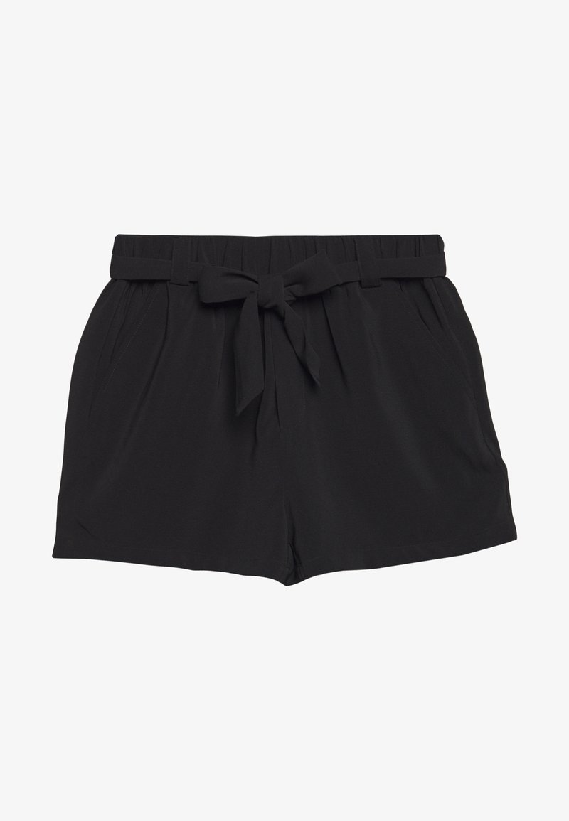 Mustat shortsit pehmeällä pinnalla, joissa on leveä vyötärönauha, edessä solmittava vyö ja kaksi sivutaskua. Lyhyt malli ja pleatattu muotoilu.