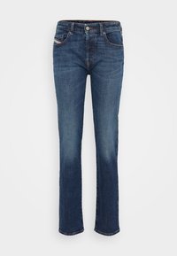 Modré džíny z denimu se středně širokým střihem, které mají pět kapes, zapínání na knoflík a zip, a jemné prošívání.