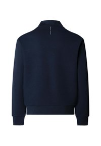 Sudadera azul marino con cuello, puños y dobladillo acanalados. Textura suave. Diseño minimalista con un logo sutil en la parte trasera.