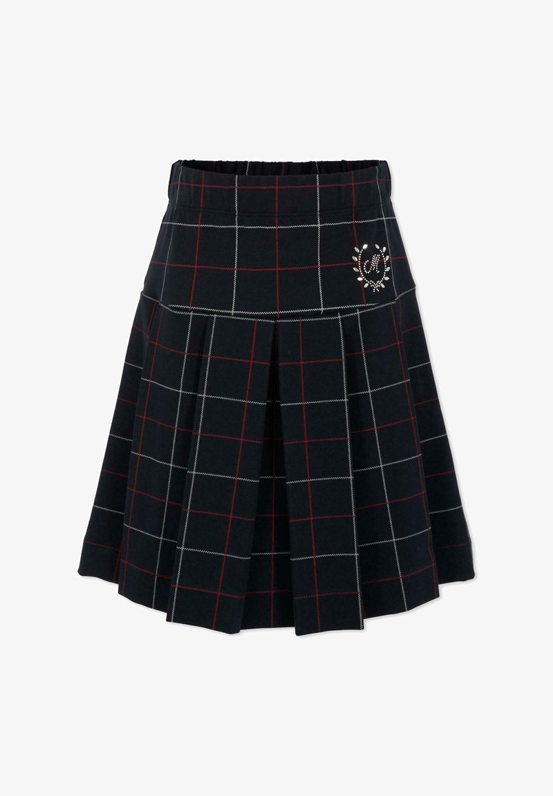 Gonna a quadri blu marino con righe rosse e bianche, caratterizzata da pieghe e una cintura elastica. Abbellita con un design decorativo sul lato.